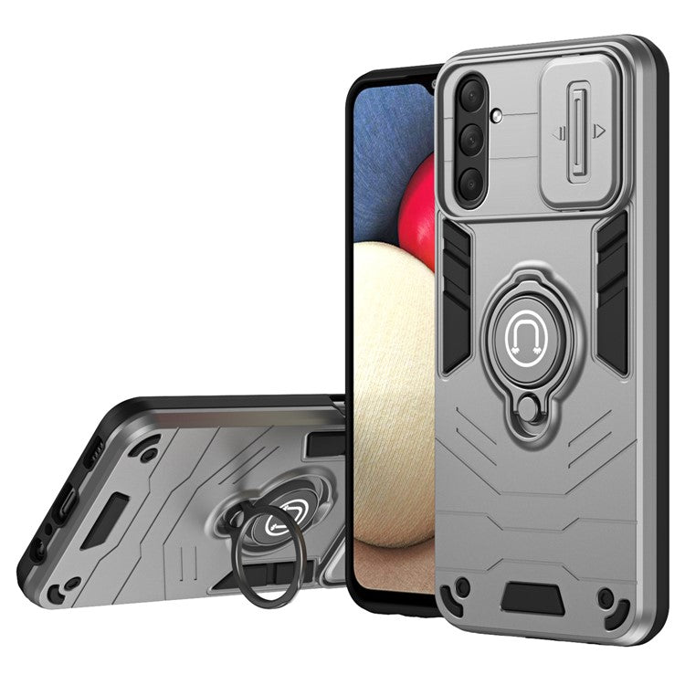 For Samsung Galaxy M54 5G / F54 5G Case Ring Kickstand PC+TPU Phone Cover with Slide Lens Guard - Grey