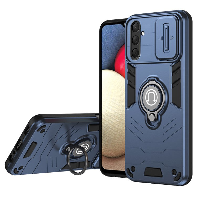 For Samsung Galaxy M54 5G / F54 5G Case Ring Kickstand PC+TPU Phone Cover with Slide Lens Guard - Blue