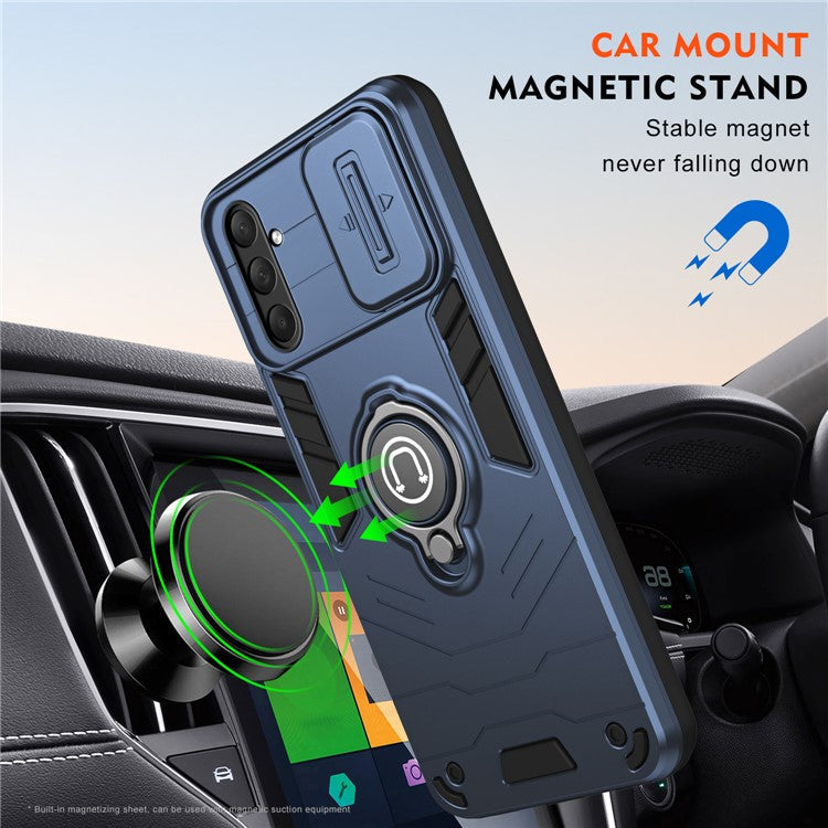 For Samsung Galaxy M54 5G / F54 5G Case Ring Kickstand PC+TPU Phone Cover with Slide Lens Guard - Blue