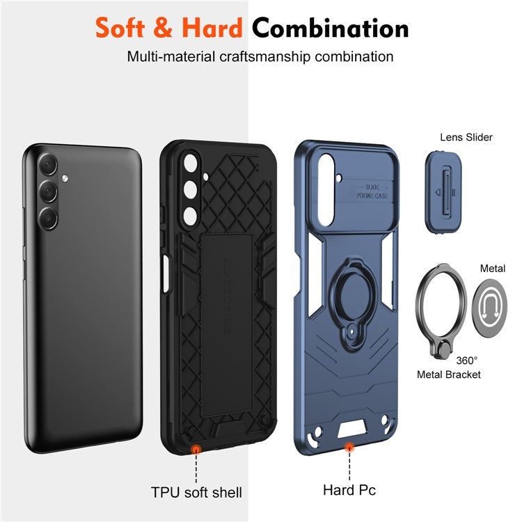 For Samsung Galaxy M54 5G / F54 5G Case Ring Kickstand PC+TPU Phone Cover with Slide Lens Guard - Blue
