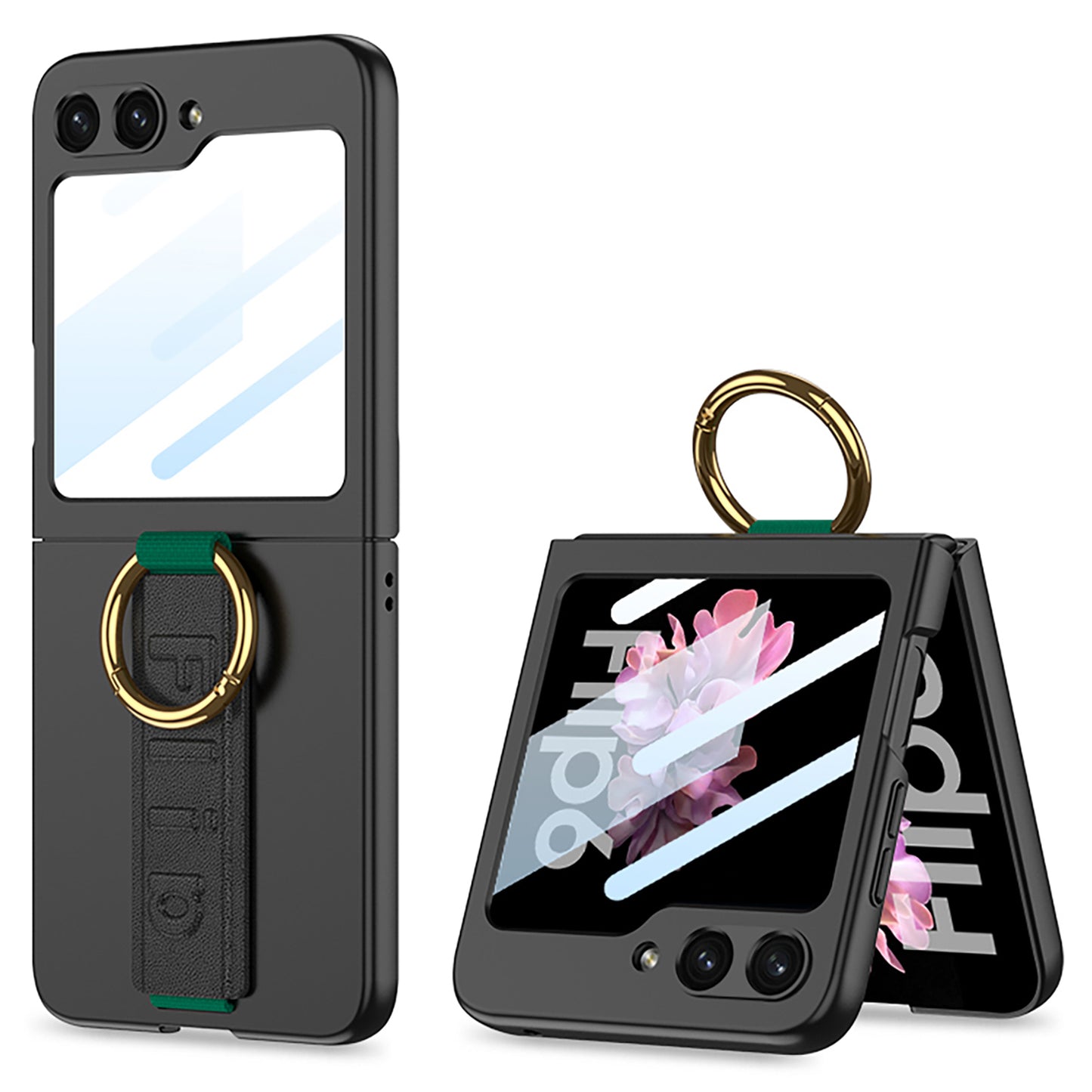 GKK For Samsung Galaxy Z Flip6 5G Case Ring Holder Hand Strap PC Phone Cover with Rear Screen Film - Carbon Fiber Texture