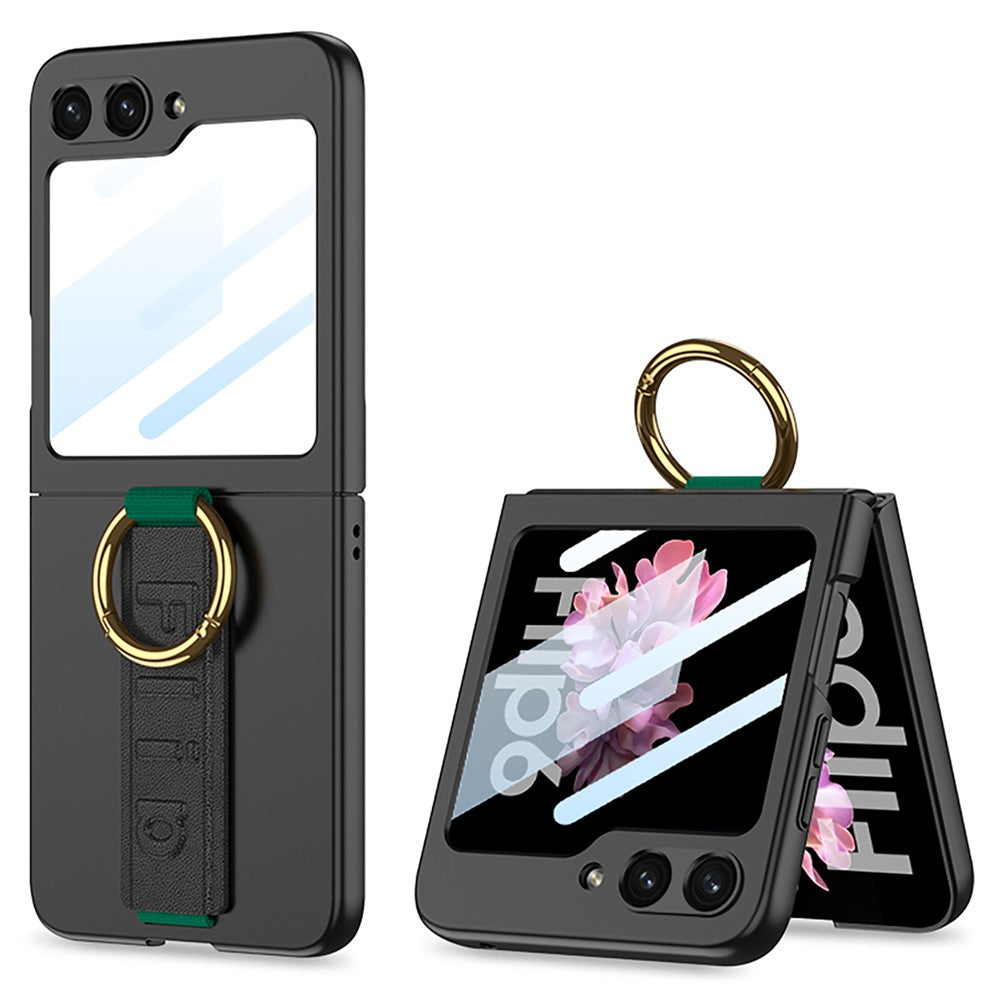 GKK For Samsung Galaxy Z Flip7 FE 5G / Z Flip6 5G Case Ring Holder Hand Strap PC Phone Cover with Rear Screen Film - Carbon Fiber Texture