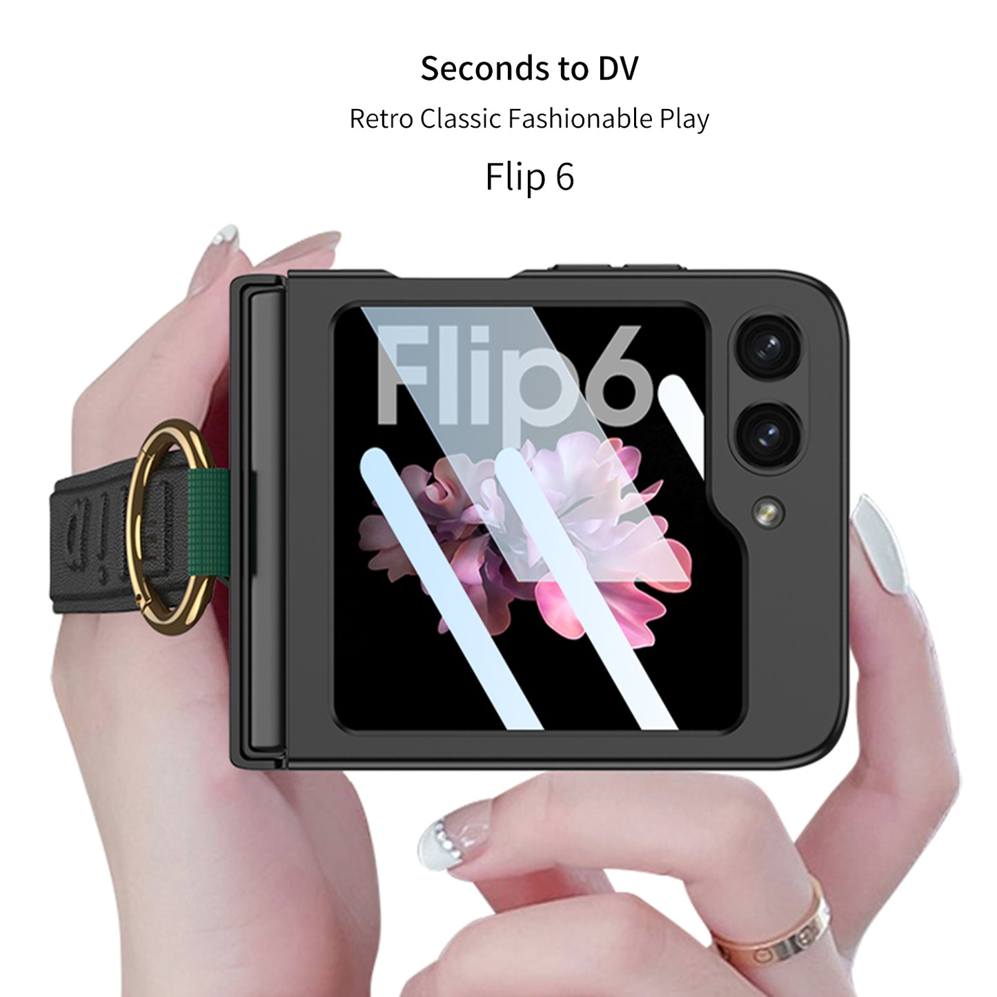 GKK For Samsung Galaxy Z Flip6 5G Case Ring Holder Hand Strap PC Phone Cover with Rear Screen Film - Carbon Fiber Texture