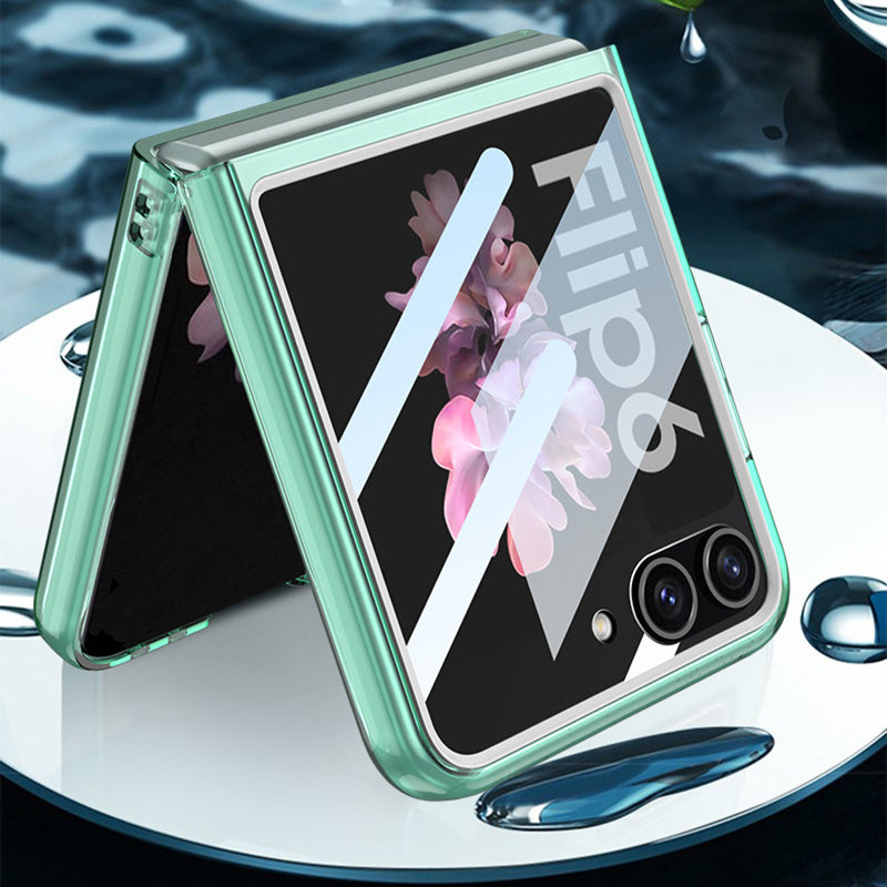 GKK For Samsung Galaxy Z Flip6 5G Case PC Phone Cover with Tempered Glass Rear Screen Film - Transparent Black