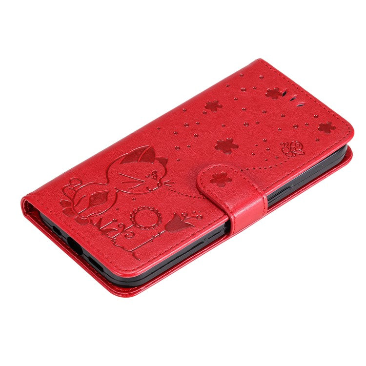 KT Imprinting Flower Series-4 For iPhone 16 Pro Case PU Leather Cat Bee Pattern Phone Cover - Red