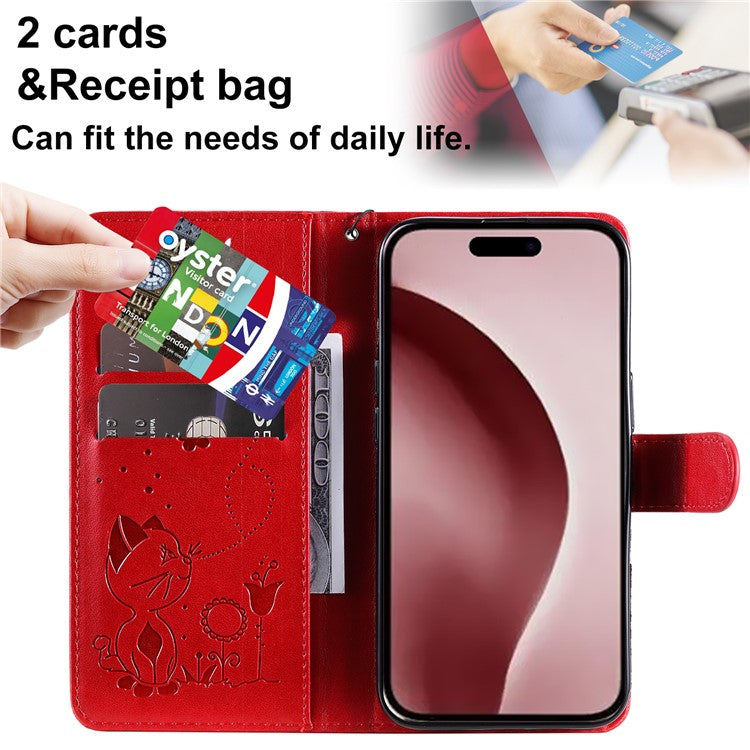 KT Imprinting Flower Series-4 For iPhone 16 Pro Case PU Leather Cat Bee Pattern Phone Cover - Red