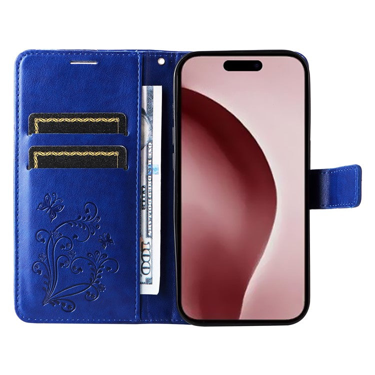 KT Imprinting Flower Series-2 For iPhone 16 Pro Wallet Case Protective Leather Flip Cover - Blue