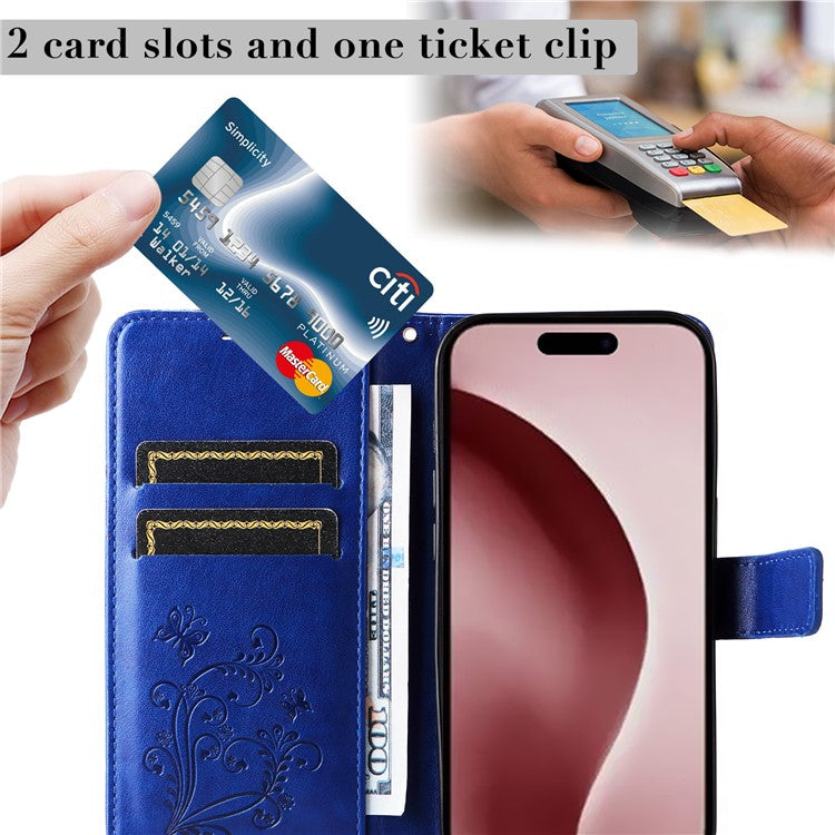 KT Imprinting Flower Series-2 For iPhone 16 Pro Wallet Case Protective Leather Flip Cover - Blue
