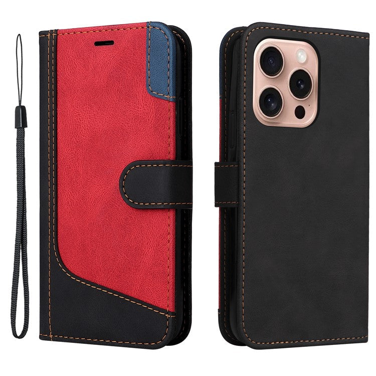 For iPhone 16 Pro Phone Case Three-Color Splicing Card Holder Phone Stand Cover - Black