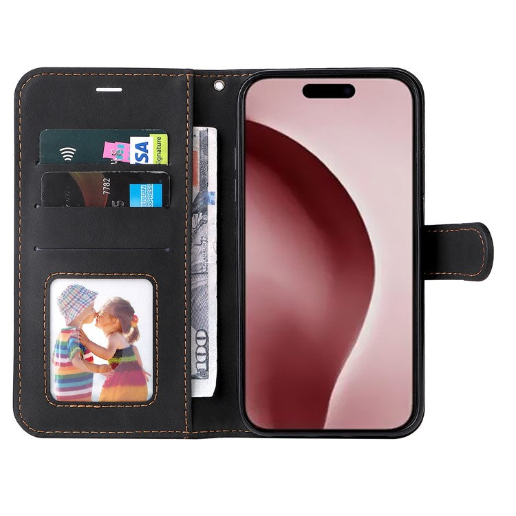 For iPhone 16 Pro Phone Case Three-Color Splicing Card Holder Phone Stand Cover - Black