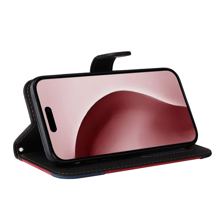 For iPhone 16 Pro Phone Case Three-Color Splicing Card Holder Phone Stand Cover - Black