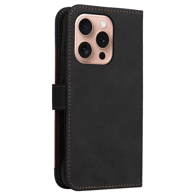 For iPhone 16 Pro Phone Case Three-Color Splicing Card Holder Phone Stand Cover - Black