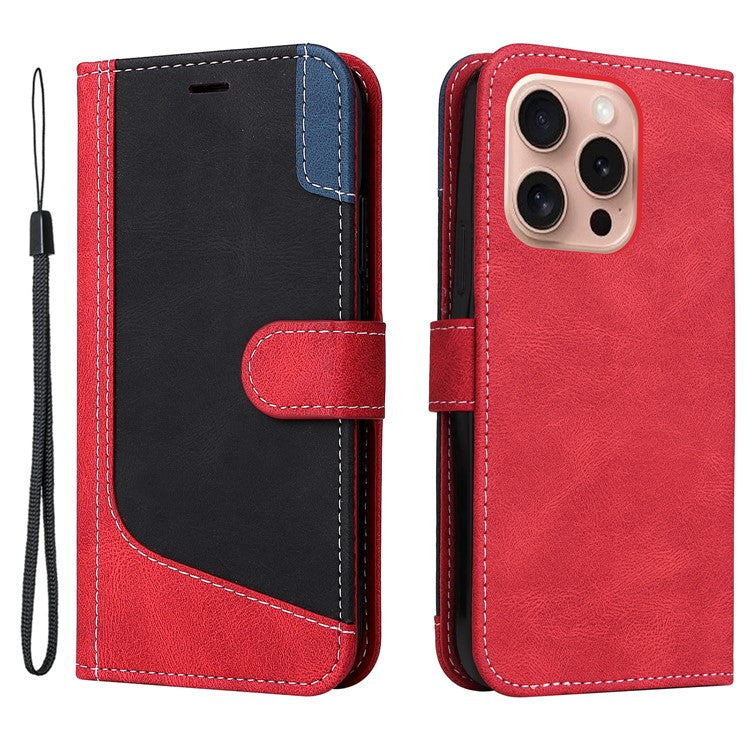 For iPhone 16 Pro Phone Case Three-color Splicing Card Holder Phone Stand Cover - Red