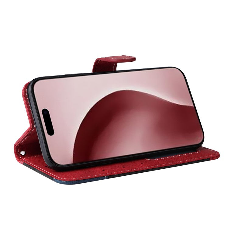 For iPhone 16 Pro Phone Case Three-color Splicing Card Holder Phone Stand Cover - Red