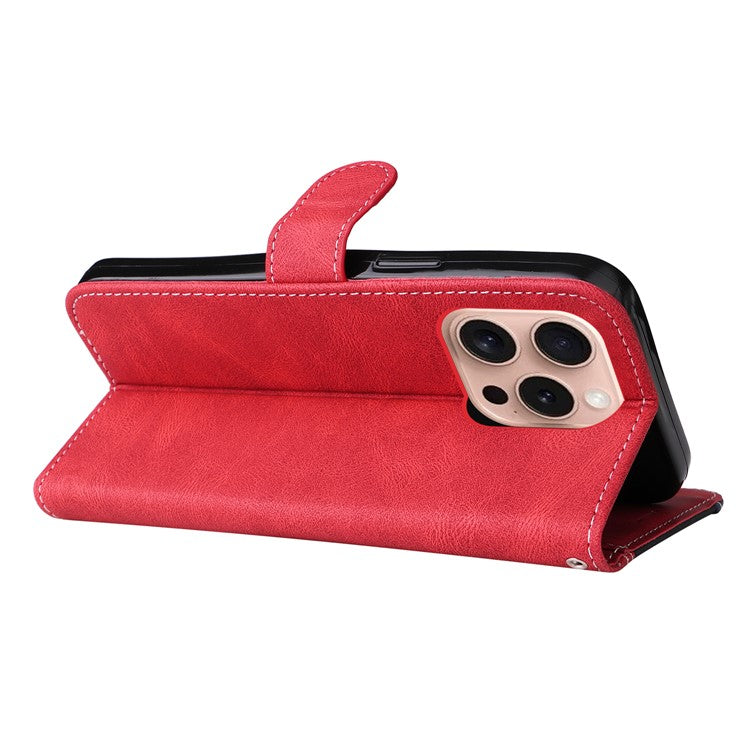 For iPhone 16 Pro Phone Case Three-color Splicing Card Holder Phone Stand Cover - Red