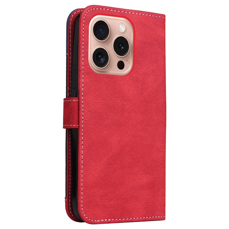 For iPhone 16 Pro Phone Case Three-color Splicing Card Holder Phone Stand Cover - Red