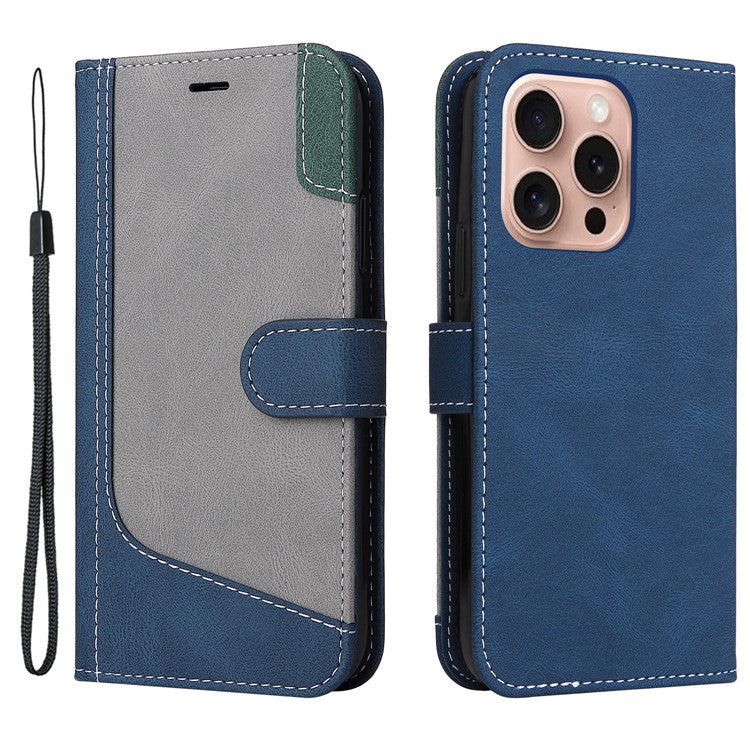 For iPhone 16 Pro Phone Case Three-Color Splicing Card Holder Phone Stand Cover - Blue