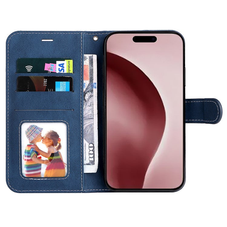 For iPhone 16 Pro Phone Case Three-Color Splicing Card Holder Phone Stand Cover - Blue