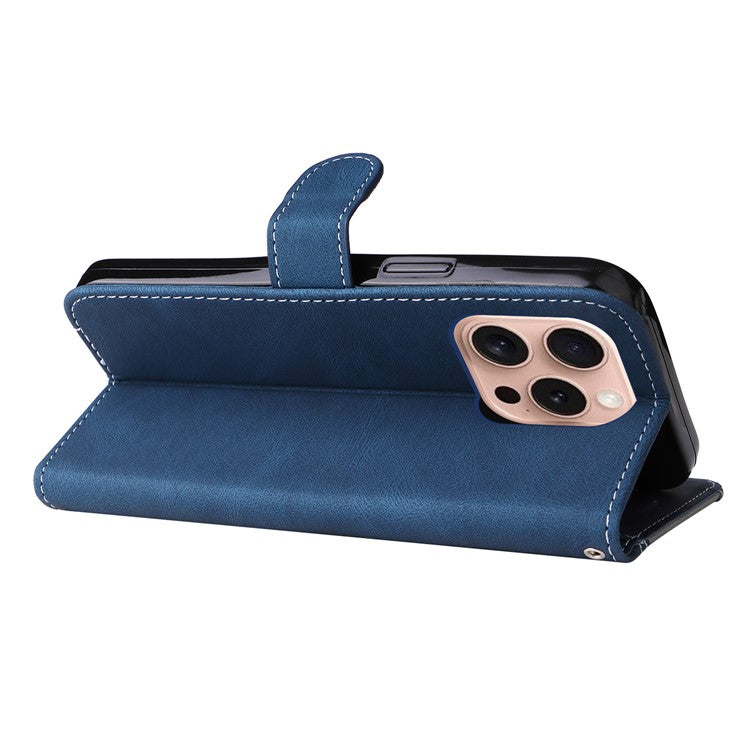 For iPhone 16 Pro Phone Case Three-Color Splicing Card Holder Phone Stand Cover - Blue