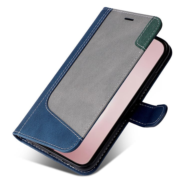 For iPhone 16 Pro Phone Case Three-Color Splicing Card Holder Phone Stand Cover - Blue