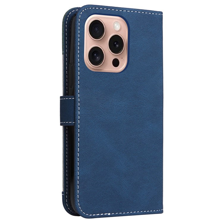 For iPhone 16 Pro Phone Case Three-Color Splicing Card Holder Phone Stand Cover - Blue