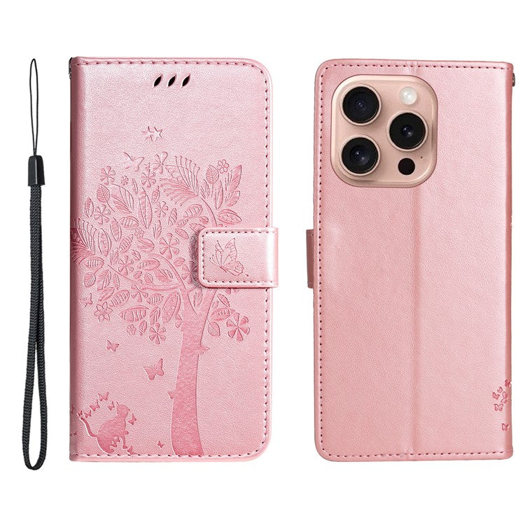KT Imprinting Flower Series-3 For iPhone 16 Pro Case Cat Tree Leather Phone Cover Stand Flip - Rose Gold
