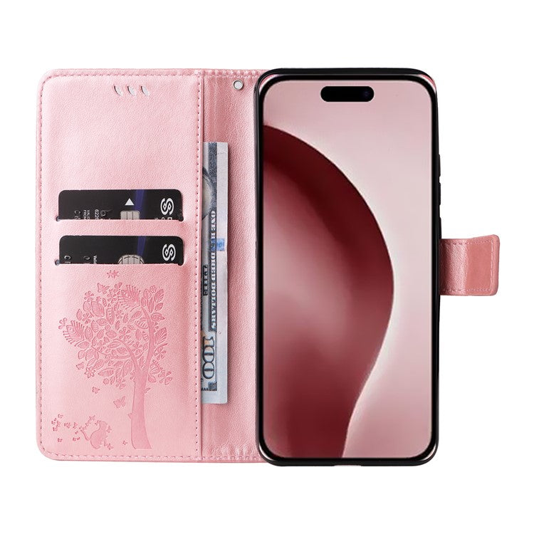 KT Imprinting Flower Series-3 For iPhone 16 Pro Case Cat Tree Leather Phone Cover Stand Flip - Rose Gold