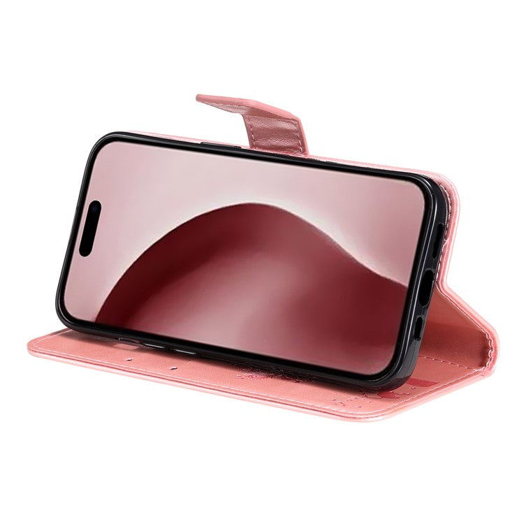 KT Imprinting Flower Series-3 For iPhone 16 Pro Case Cat Tree Leather Phone Cover Stand Flip - Rose Gold