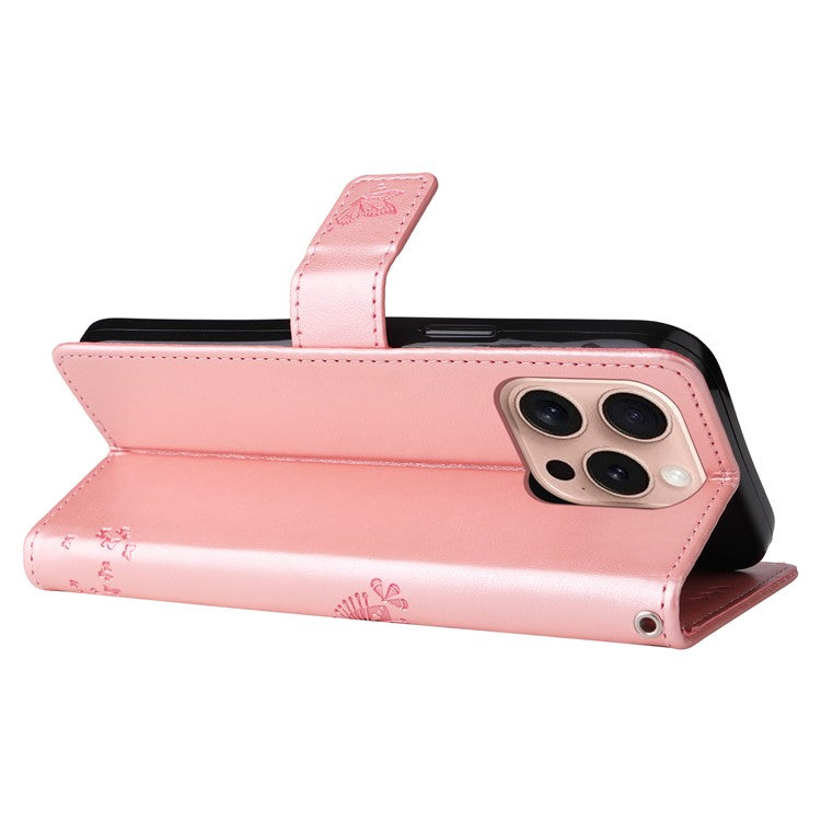 KT Imprinting Flower Series-3 For iPhone 16 Pro Case Cat Tree Leather Phone Cover Stand Flip - Rose Gold