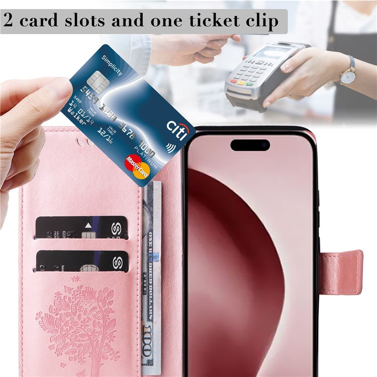 KT Imprinting Flower Series-3 For iPhone 16 Pro Case Cat Tree Leather Phone Cover Stand Flip - Rose Gold