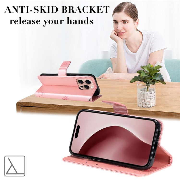 KT Imprinting Flower Series-3 For iPhone 16 Pro Case Cat Tree Leather Phone Cover Stand Flip - Rose Gold