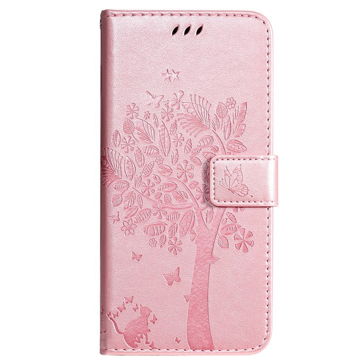 KT Imprinting Flower Series-3 For iPhone 16 Pro Case Cat Tree Leather Phone Cover Stand Flip - Rose Gold