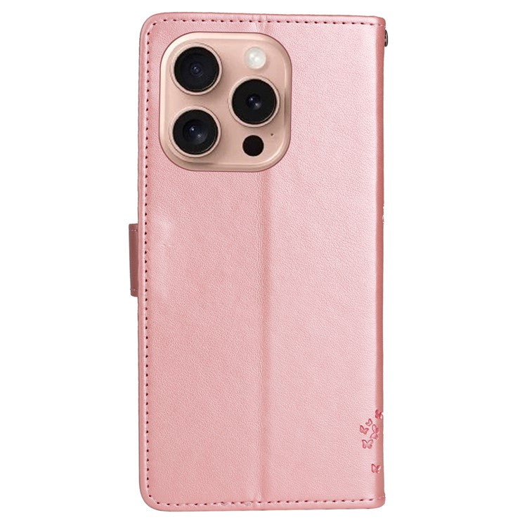 KT Imprinting Flower Series-3 For iPhone 16 Pro Case Cat Tree Leather Phone Cover Stand Flip - Rose Gold