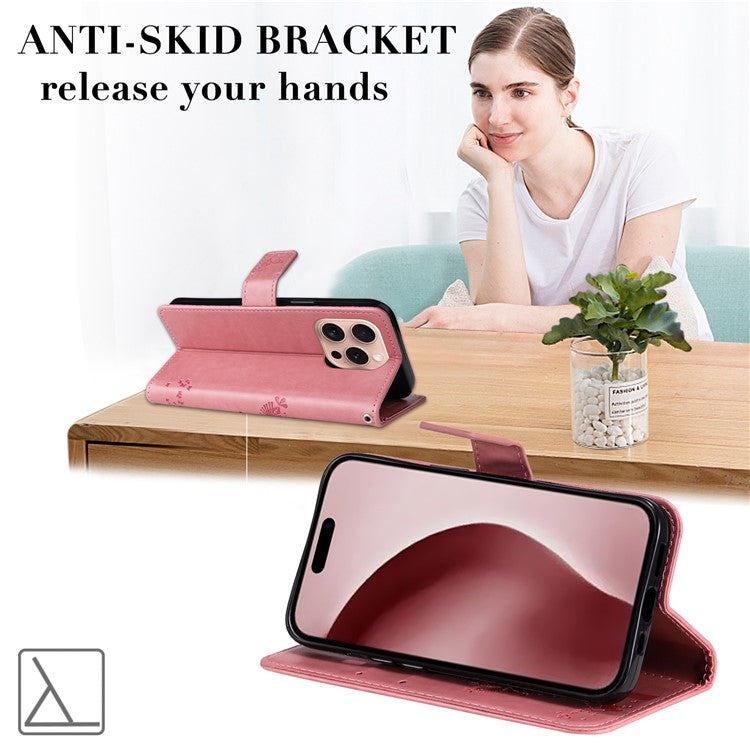 KT Imprinting Flower Series-3 For iPhone 16 Pro Case Cat Tree Leather Phone Cover Stand Flip - Pink