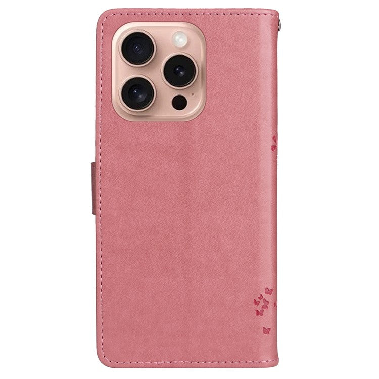 KT Imprinting Flower Series-3 For iPhone 16 Pro Case Cat Tree Leather Phone Cover Stand Flip - Pink