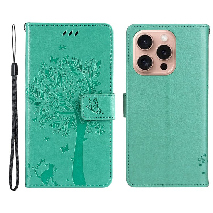 KT Imprinting Flower Series-3 For iPhone 16 Pro Case Cat Tree Leather Phone Cover Stand Flip - Green