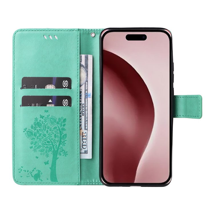 KT Imprinting Flower Series-3 For iPhone 16 Pro Case Cat Tree Leather Phone Cover Stand Flip - Green