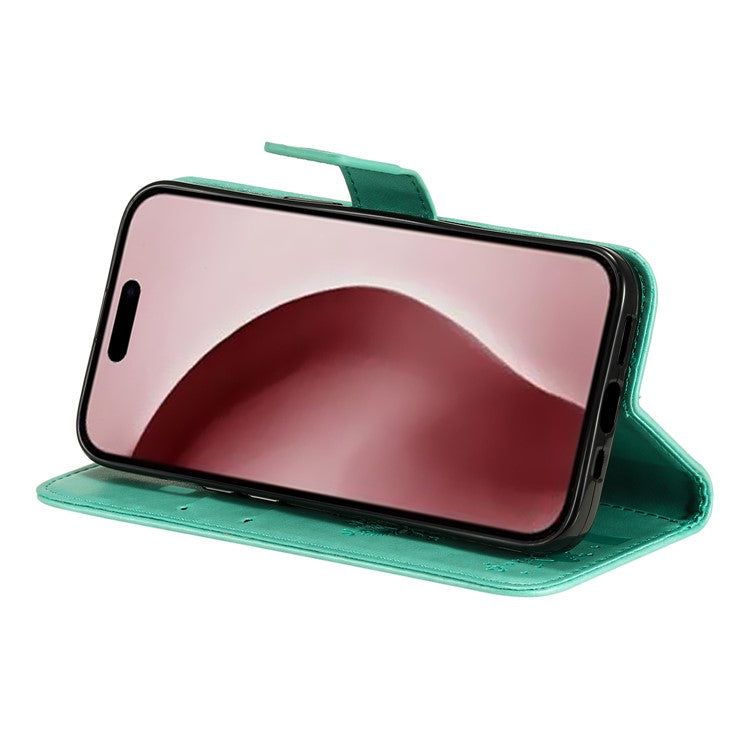 KT Imprinting Flower Series-3 For iPhone 16 Pro Case Cat Tree Leather Phone Cover Stand Flip - Green
