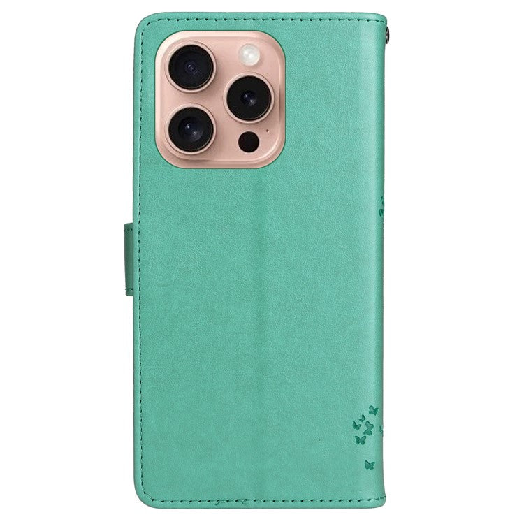 KT Imprinting Flower Series-3 For iPhone 16 Pro Case Cat Tree Leather Phone Cover Stand Flip - Green