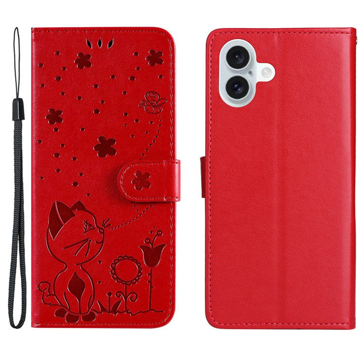 KT Imprinting Flower Series-4 For iPhone 16 Plus Case with Strap Cat Bee Pattern Leather Cover - Red