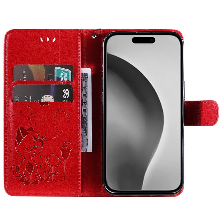 KT Imprinting Flower Series-4 For iPhone 16 Plus Case with Strap Cat Bee Pattern Leather Cover - Red
