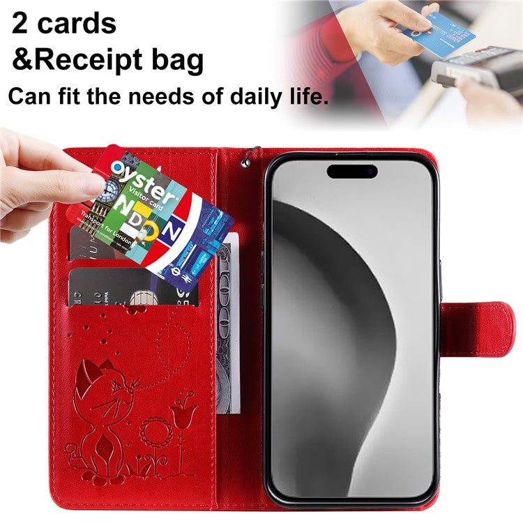 KT Imprinting Flower Series-4 For iPhone 16 Plus Case with Strap Cat Bee Pattern Leather Cover - Red