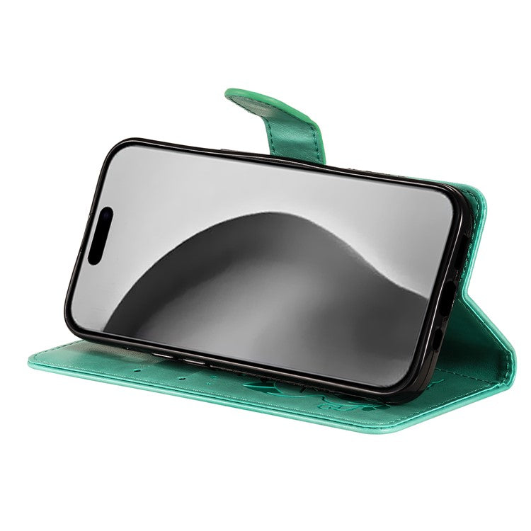 KT Imprinting Flower Series-4 For iPhone 16 Plus Case with Strap Cat Bee Pattern Leather Cover - Green