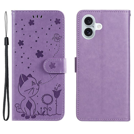 KT Imprinting Flower Series-4 For iPhone 16 Plus Case with Strap Cat Bee Pattern Leather Cover - Purple