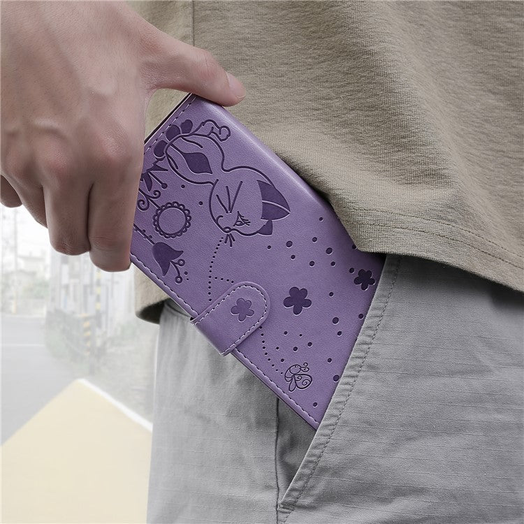 KT Imprinting Flower Series-4 For iPhone 16 Plus Case with Strap Cat Bee Pattern Leather Cover - Purple