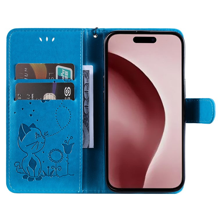 KT Imprinting Flower Series-4 For iPhone 16 Case Cat Bee Pattern Leather Cover with Strap - Blue