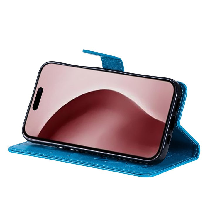 KT Imprinting Flower Series-4 For iPhone 16 Case Cat Bee Pattern Leather Cover with Strap - Blue