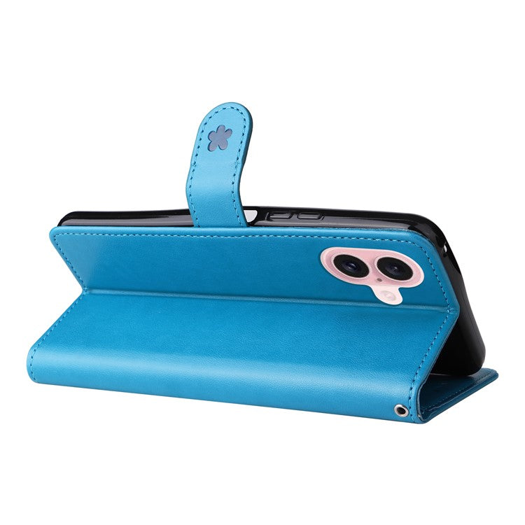 KT Imprinting Flower Series-4 For iPhone 16 Case Cat Bee Pattern Leather Cover with Strap - Blue