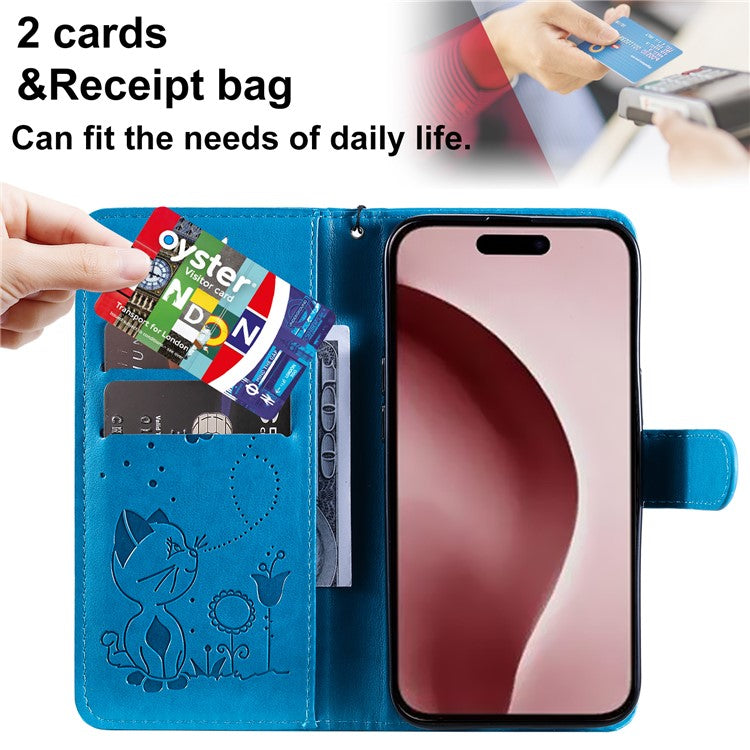 KT Imprinting Flower Series-4 For iPhone 16 Case Cat Bee Pattern Leather Cover with Strap - Blue