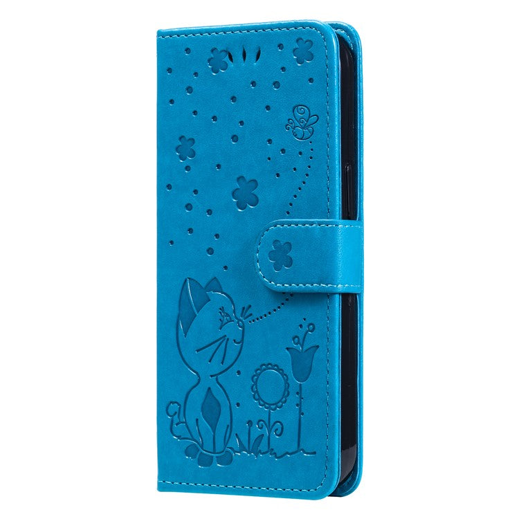 KT Imprinting Flower Series-4 For iPhone 16 Case Cat Bee Pattern Leather Cover with Strap - Blue